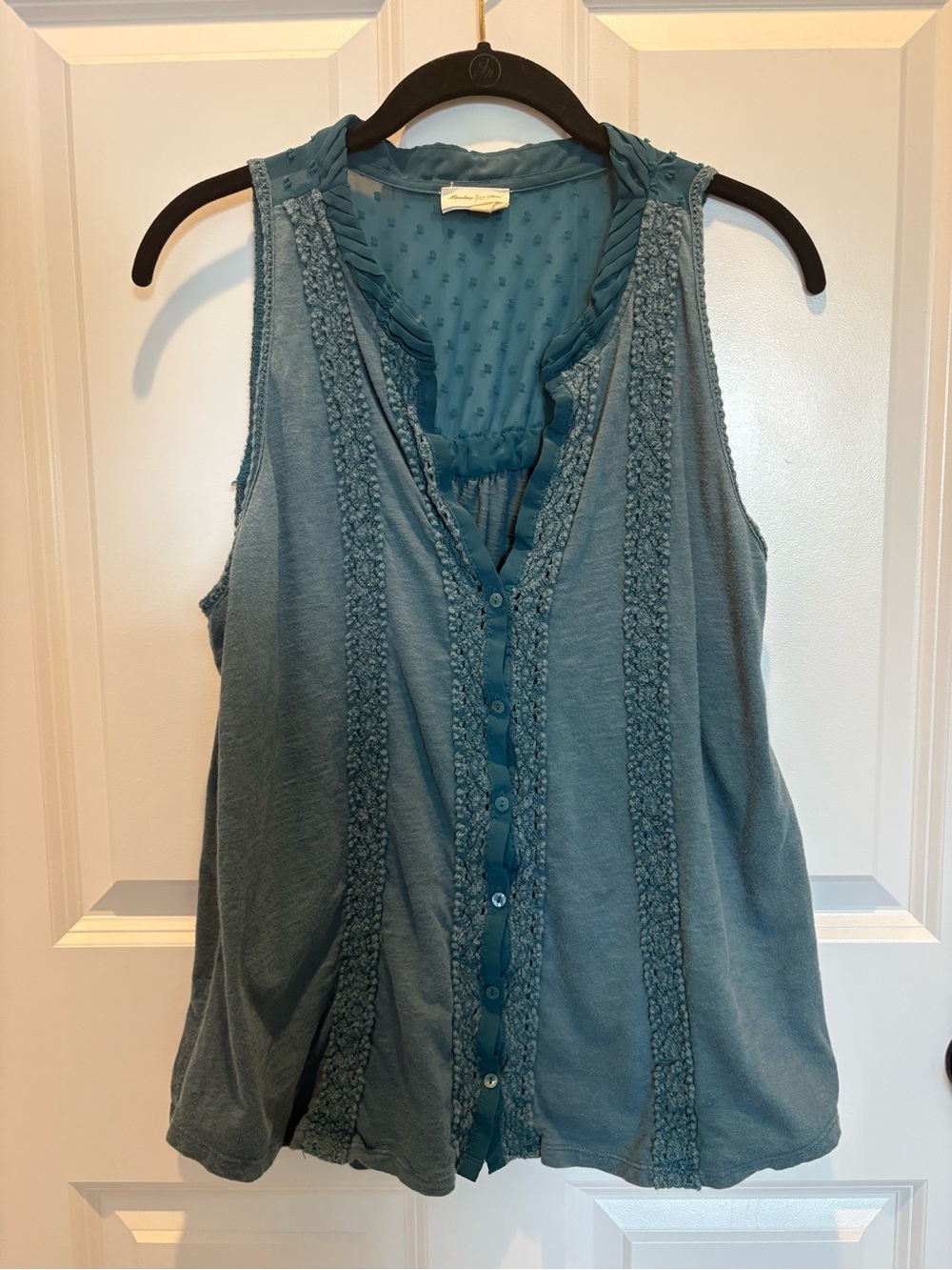Anthropologie Meadow Rue Sleeveless Teal Button-Front Women's Top with Lace Trim